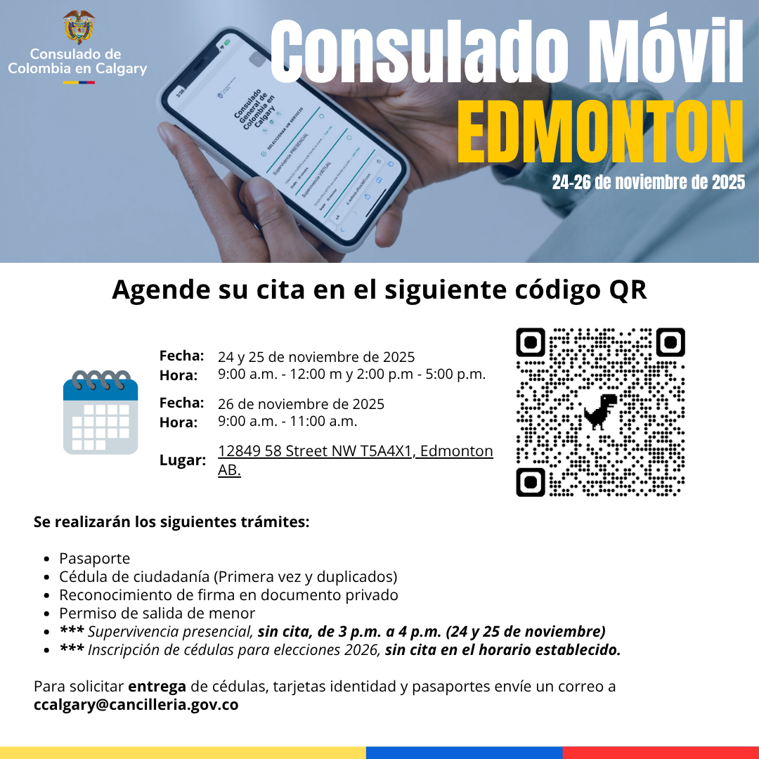 El Consulado de Colombia en Calgary realizará un consulado móvil en Edmonton del 24 al 26 de noviembre de 2025