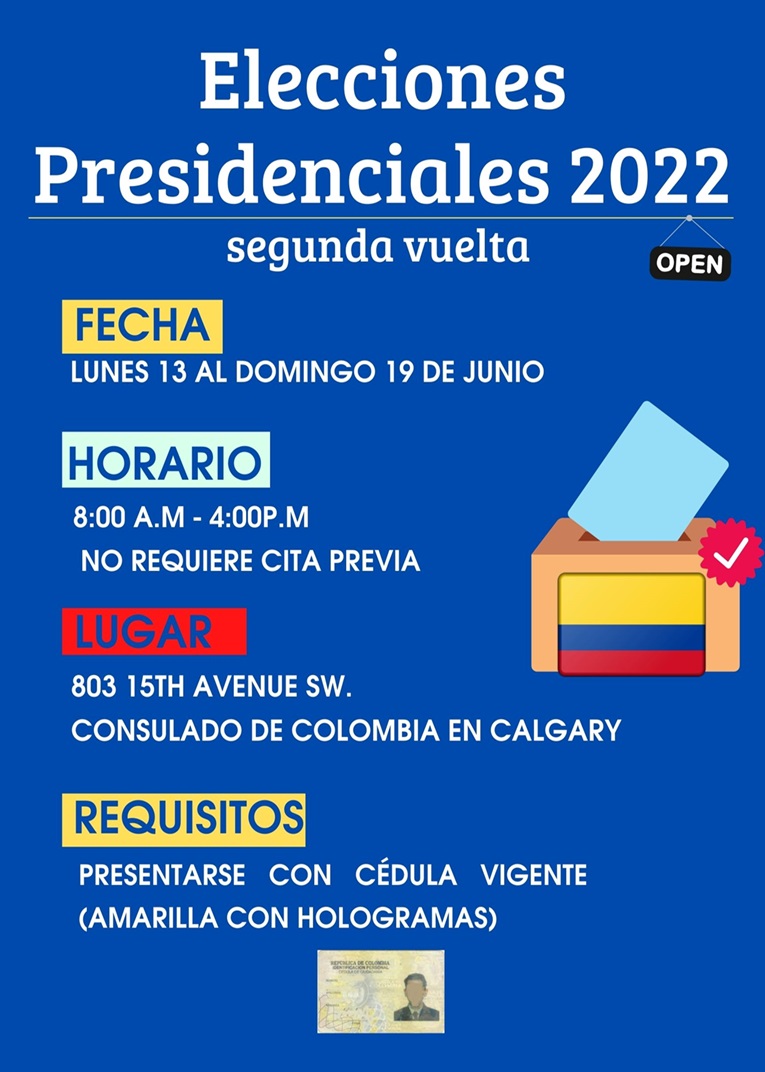 Fechas y puesto de votación de elecciones presidenciales para segunda vuelta  | Consulado de Colombia