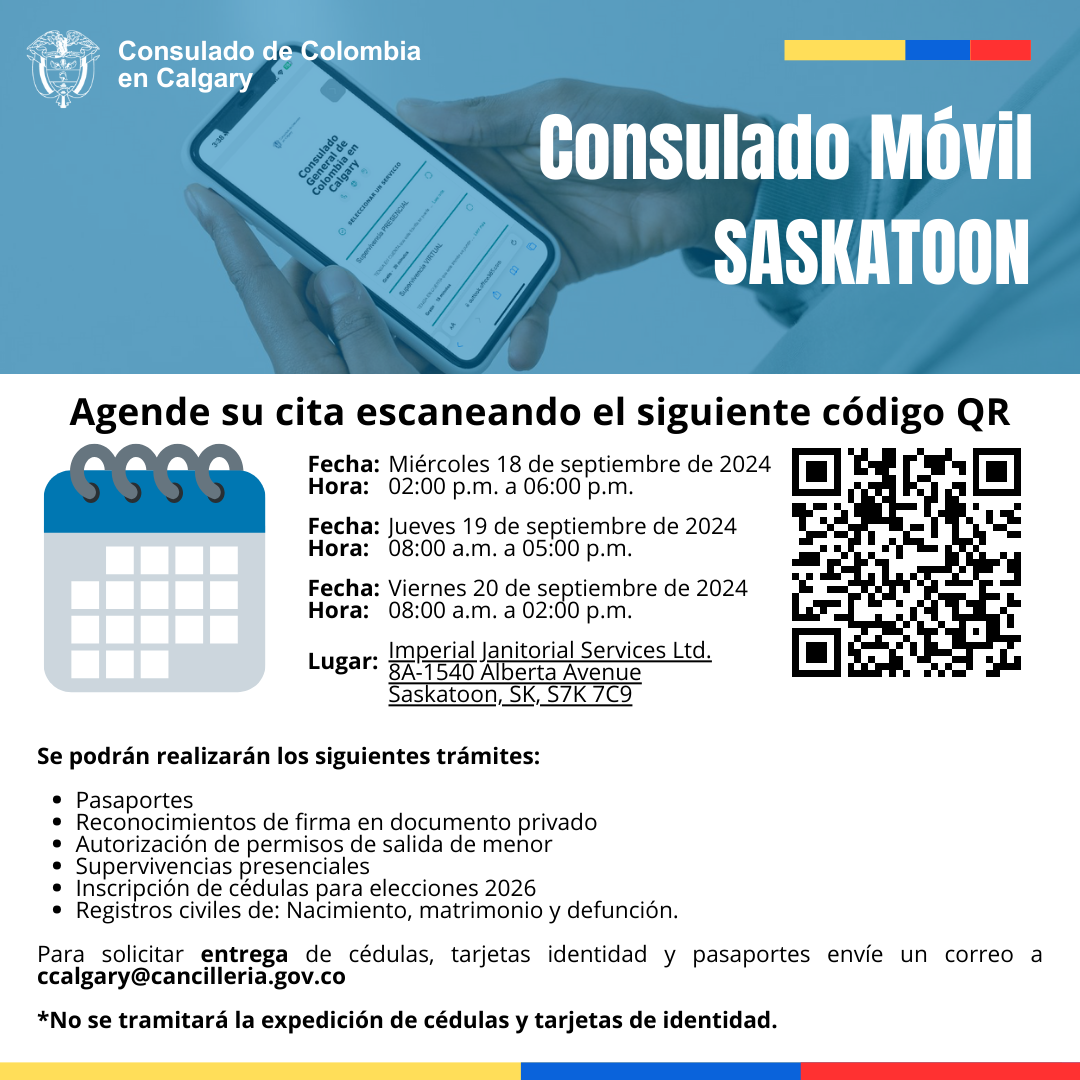 Consulado Móvil en Saskatoon del 18 al viernes 20 de septiembre de 2024 