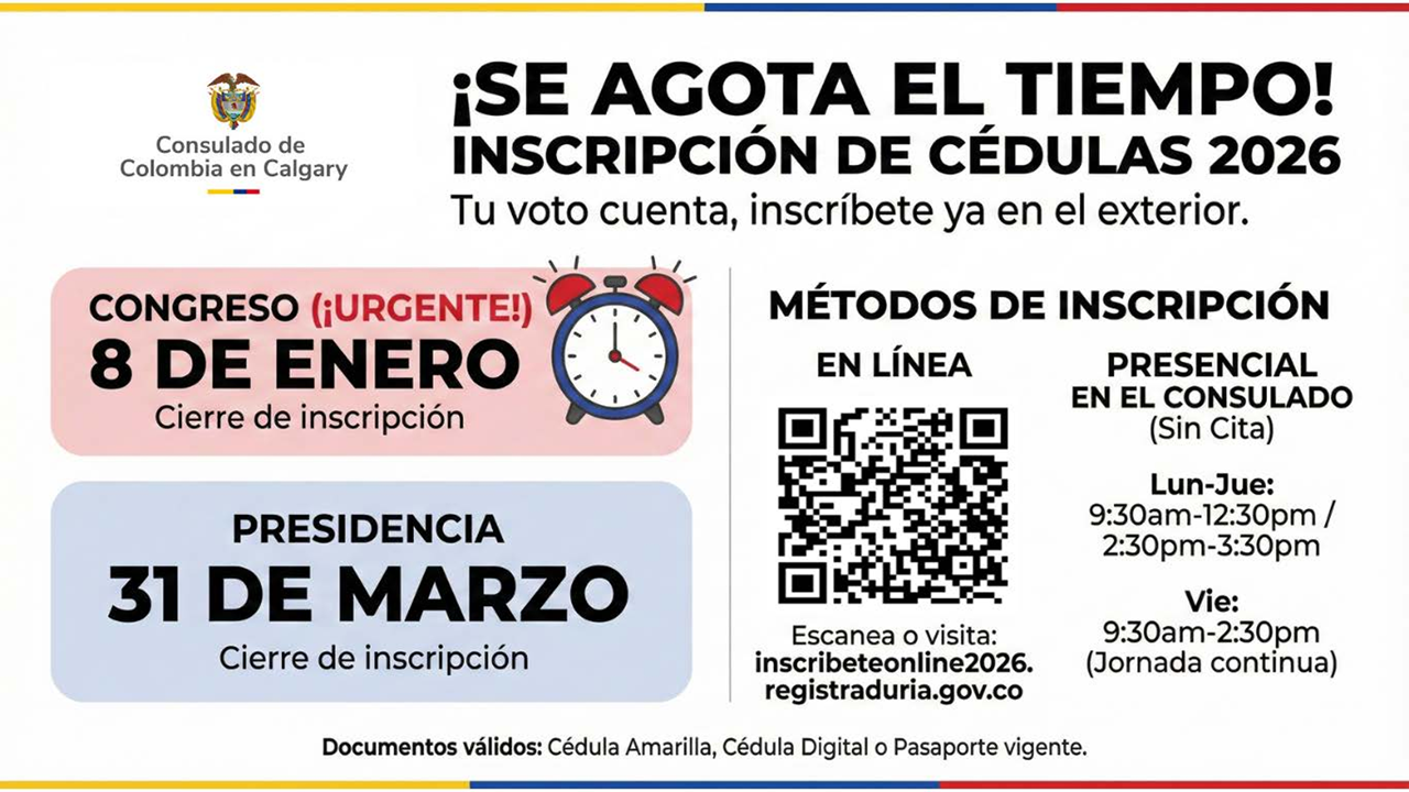 Inscripción de cédulas para las elecciones de 2026 en el Consulado de Colombia en Calgary