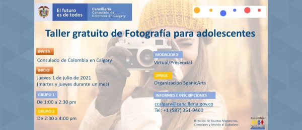 Consulado de Colombia en Calgary ofrece taller gratuito de fotografía para adolescentes a partir del 1 de julio de 2021